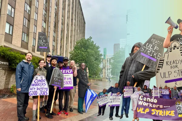 Condo workers and Rep Esther Agbaje outside The Towers, Minneapolis, MN July 31, 2026